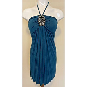 KOPA Sleeveless Halter Dress Small Embellished Pleated Beachy Travel Stretch